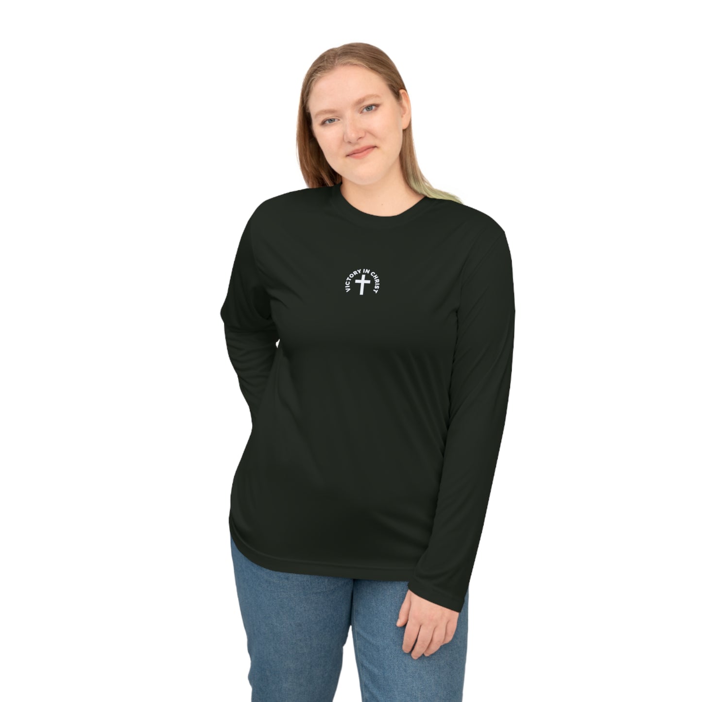 Victory in Christ Minimal Center Logo Unisex Performance Long Sleeve Shirt