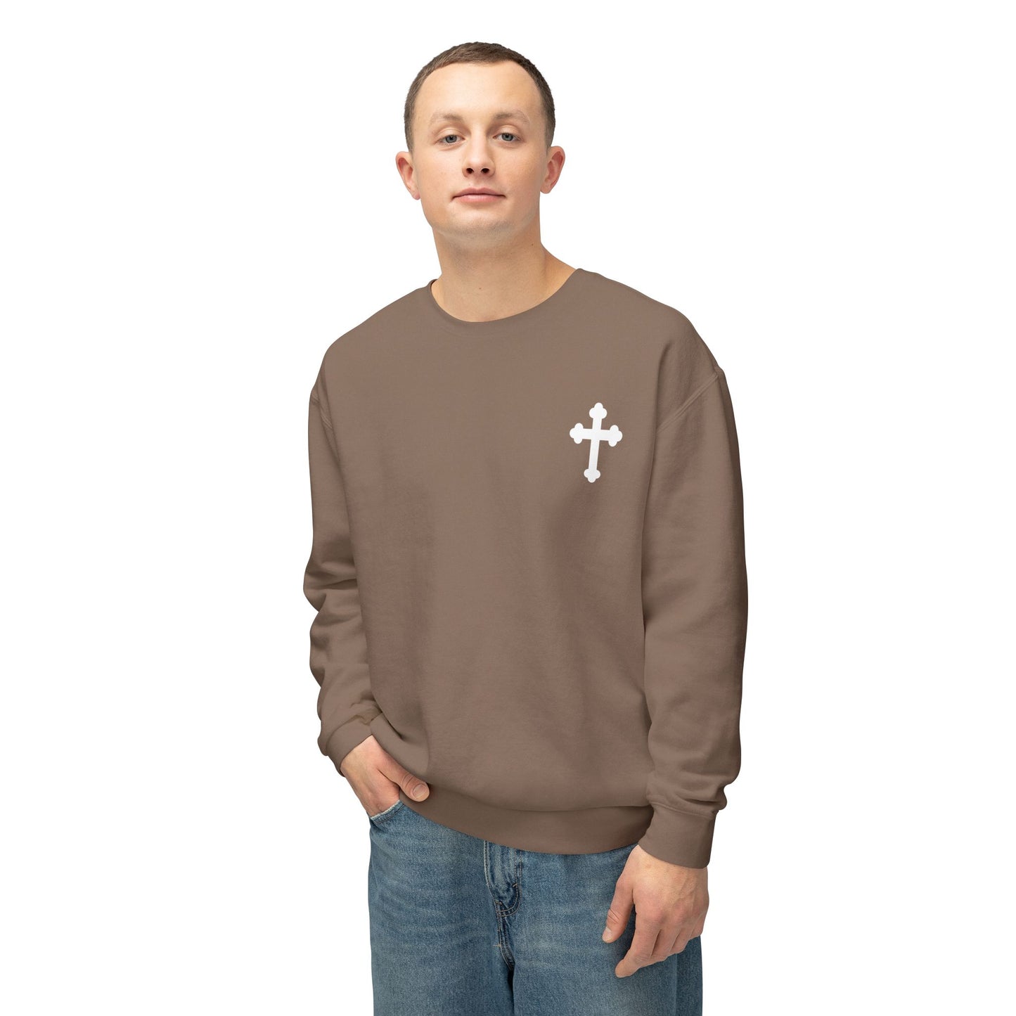 Unisex Lightweight Crewneck Sweatshirt with Cross Design - Casual Faith-Inspired Fashion