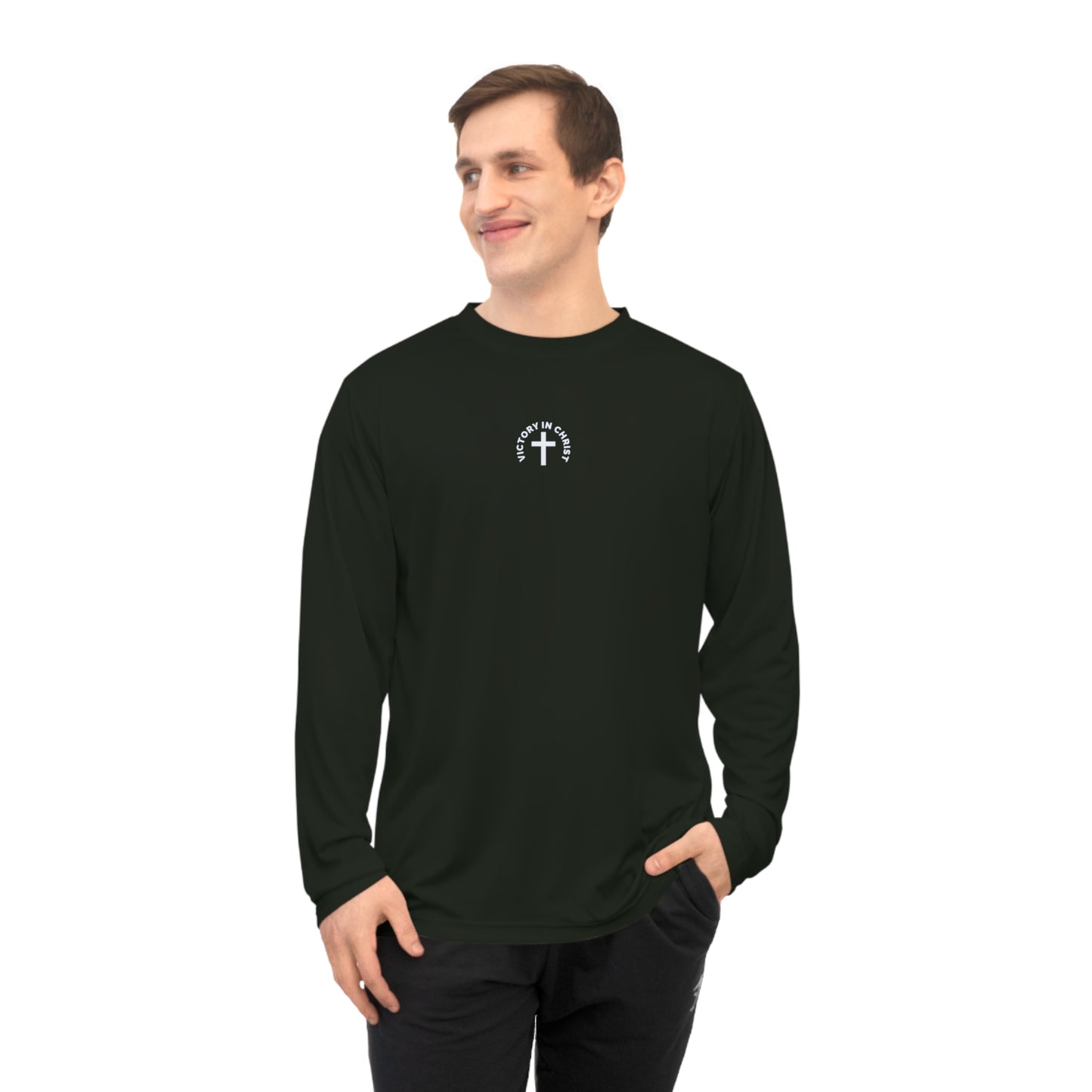 Victory in Christ Minimal Center Logo Unisex Performance Long Sleeve Shirt