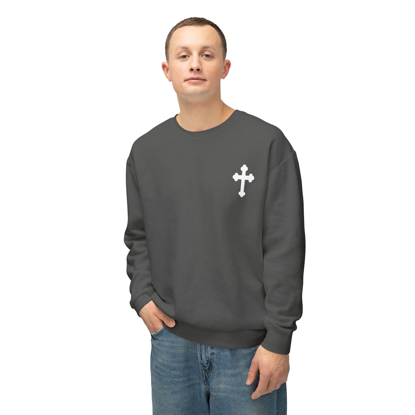 Unisex Lightweight Crewneck Sweatshirt with Cross Design - Casual Faith-Inspired Fashion