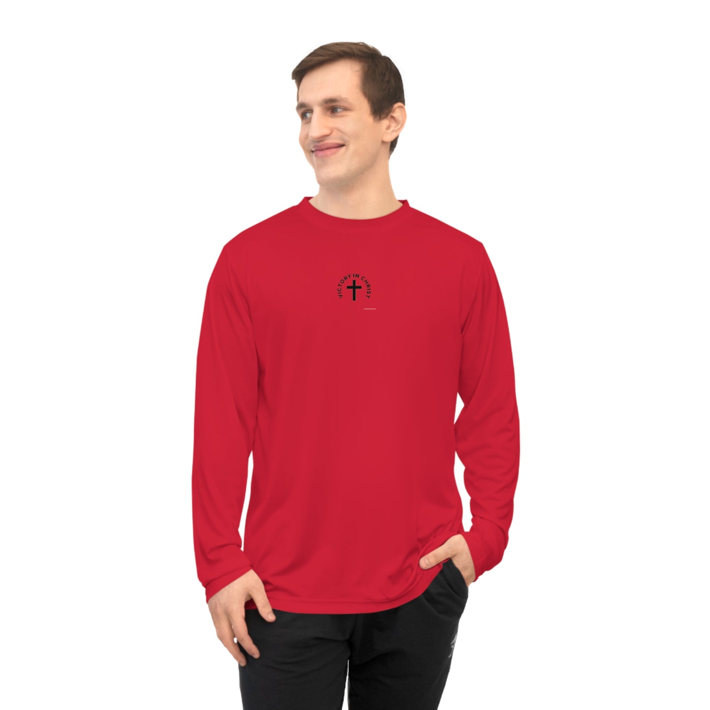 Victory in Christ Minimal Center Logo Unisex Performance Long Sleeve Shirt