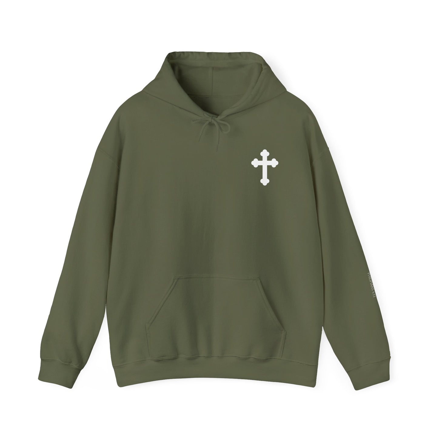 Philippians 4:13 Unisex Heavy Blend™ Hooded Sweatshirt with Cross Design - Cozy Streetwear for Any Occasion