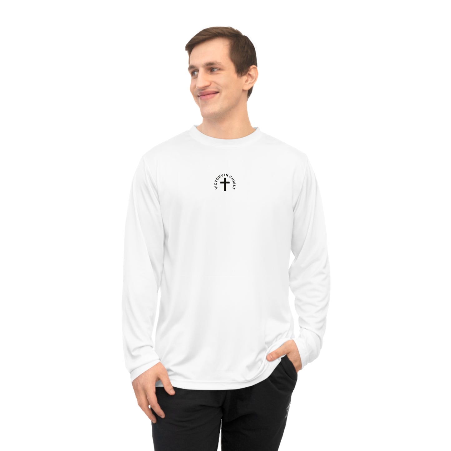 Victory in Christ Minimal Center Logo Unisex Performance Long Sleeve Shirt