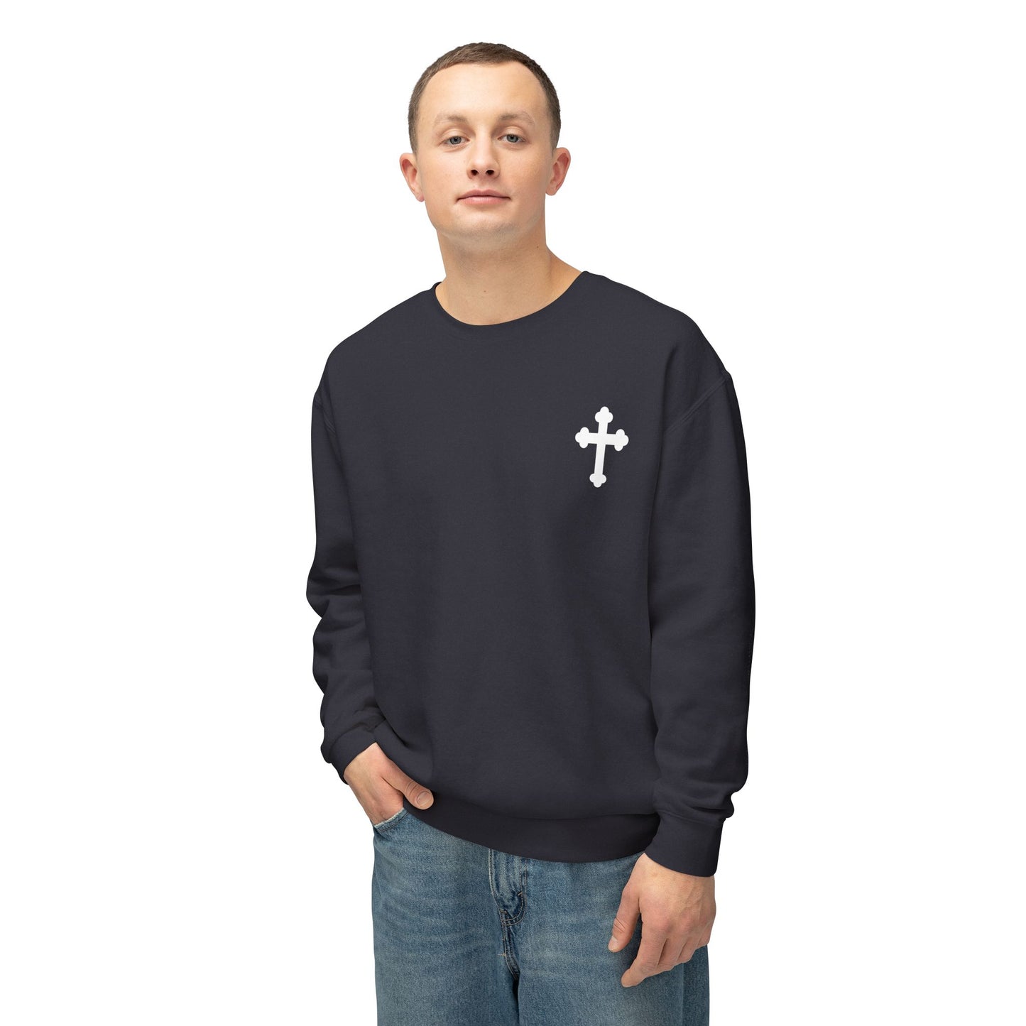 Unisex Lightweight Crewneck Sweatshirt with Cross Design - Casual Faith-Inspired Fashion